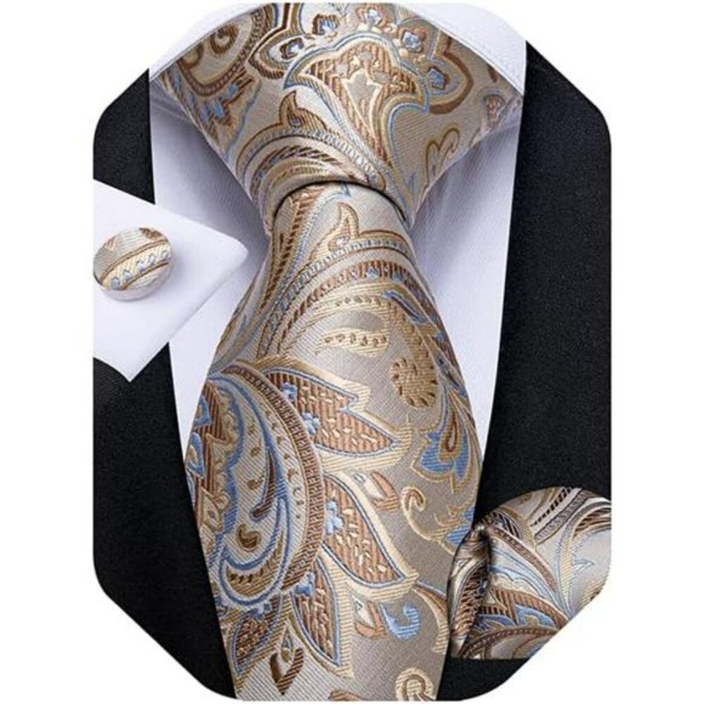 Men Silk Paisley Tie Pocket Square Cufflinks Set Wedding Tuxedo Formal